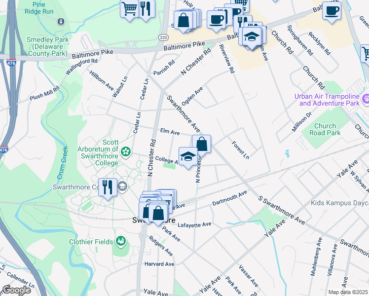 map of restaurants, bars, coffee shops, grocery stores, and more near 308 Chestnut Avenue in Swarthmore