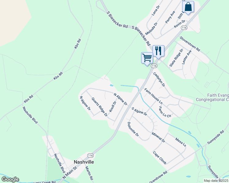 map of restaurants, bars, coffee shops, grocery stores, and more near 77 North Alpine Drive in York