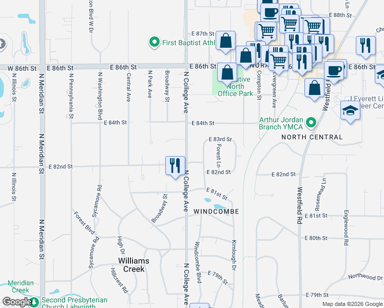 map of restaurants, bars, coffee shops, grocery stores, and more near 8246 Windcombe Boulevard in Indianapolis