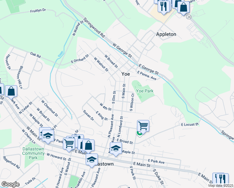 map of restaurants, bars, coffee shops, grocery stores, and more near 219 South Elm Street in Yoe
