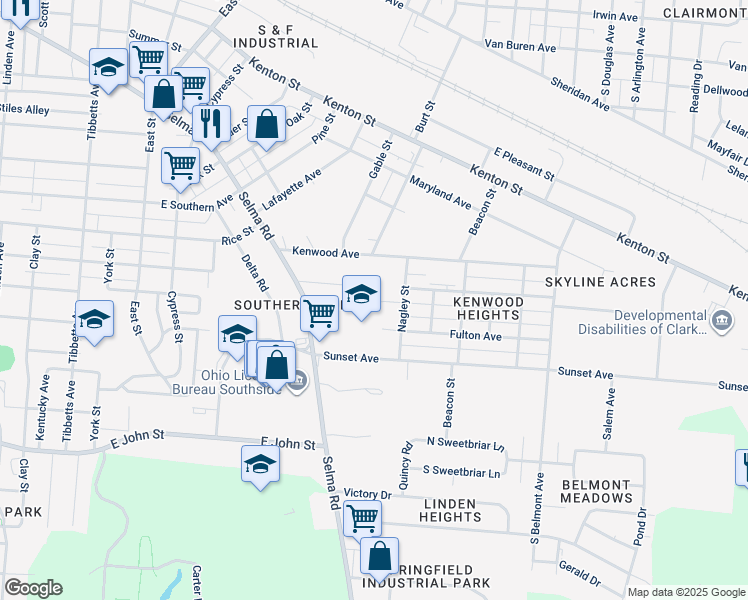 map of restaurants, bars, coffee shops, grocery stores, and more near 1525 Kenwood Avenue in Springfield