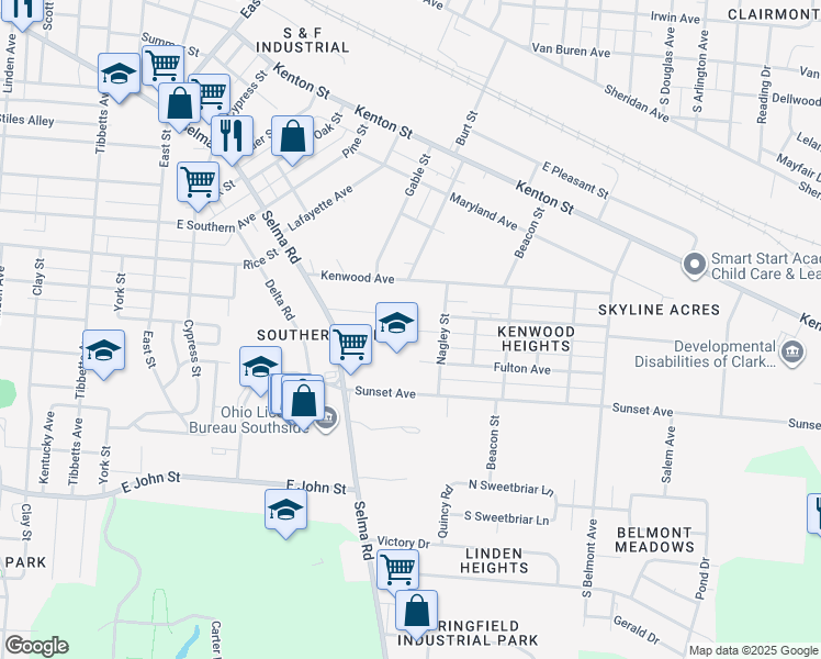 map of restaurants, bars, coffee shops, grocery stores, and more near 1525 Kenwood Avenue in Springfield