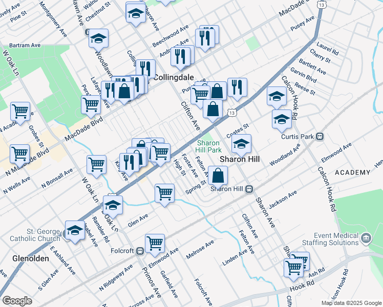 map of restaurants, bars, coffee shops, grocery stores, and more near 114 Felton Avenue in Sharon Hill