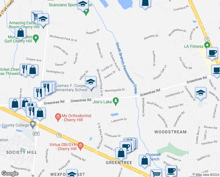 map of restaurants, bars, coffee shops, grocery stores, and more near 118 Morningside Drive in Cherry Hill
