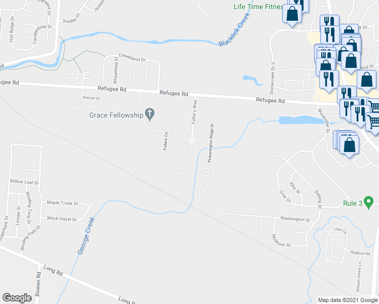 map of restaurants, bars, coffee shops, grocery stores, and more near 109 Fuller's Circle in Pickerington