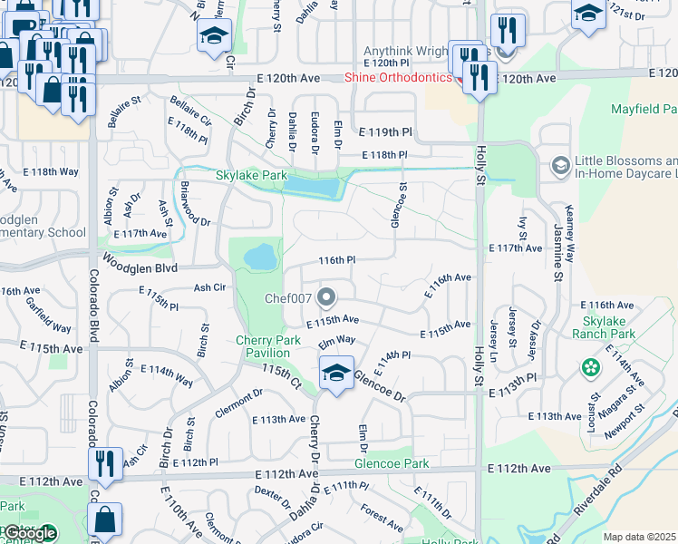 map of restaurants, bars, coffee shops, grocery stores, and more near 5105 East 116th Place in Thornton