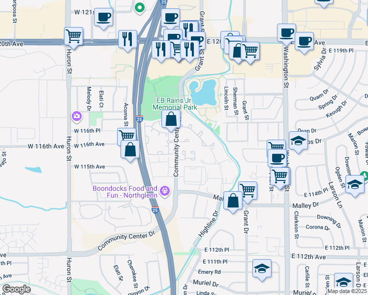 map of restaurants, bars, coffee shops, grocery stores, and more near 11614 Community Center Drive in Northglenn