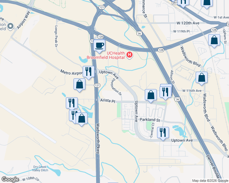 map of restaurants, bars, coffee shops, grocery stores, and more near 8029 West 116th Avenue in Broomfield