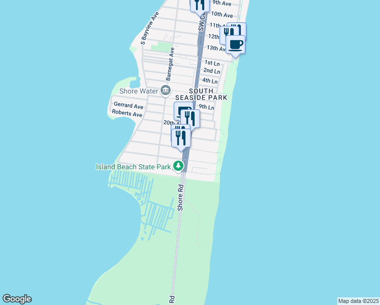 map of restaurants, bars, coffee shops, grocery stores, and more near 46 22nd Avenue in Seaside Park