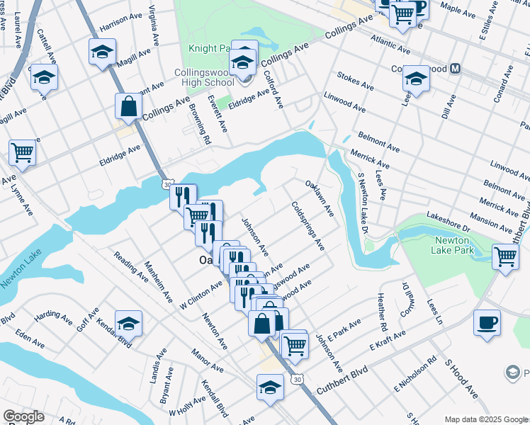 map of restaurants, bars, coffee shops, grocery stores, and more near 125 East Beechwood Avenue in Oaklyn