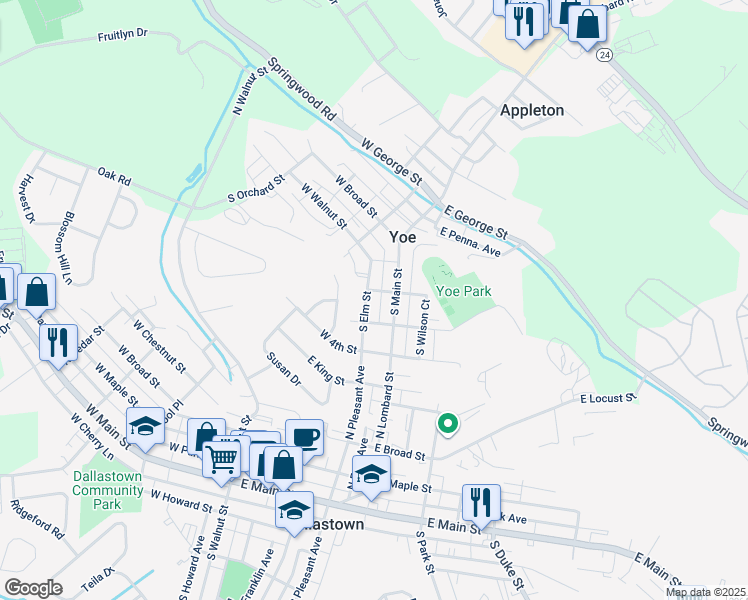 map of restaurants, bars, coffee shops, grocery stores, and more near 219 South Elm Street in Yoe