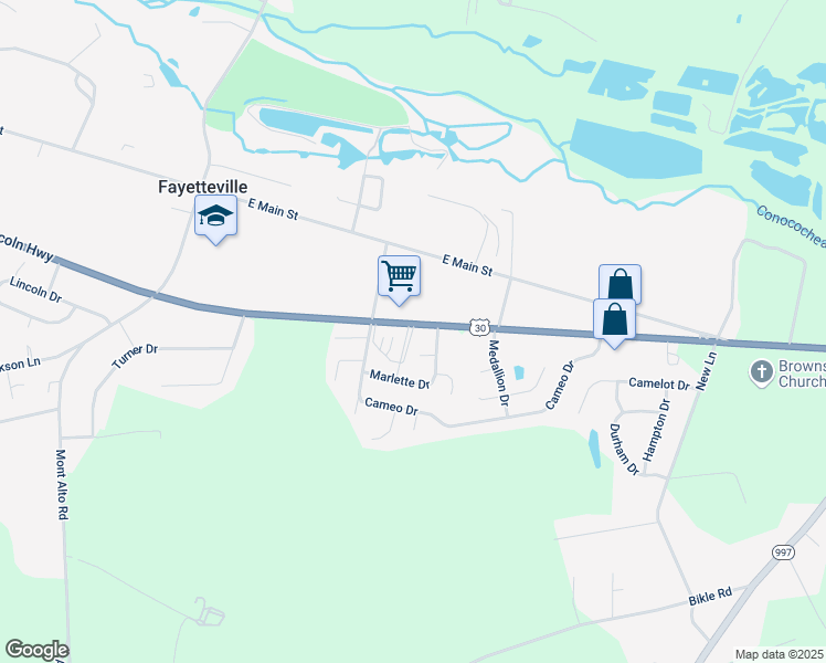 map of restaurants, bars, coffee shops, grocery stores, and more near 5455 Lincoln Way East in Fayetteville