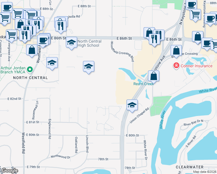 map of restaurants, bars, coffee shops, grocery stores, and more near 2224 Calaveras Way in Indianapolis