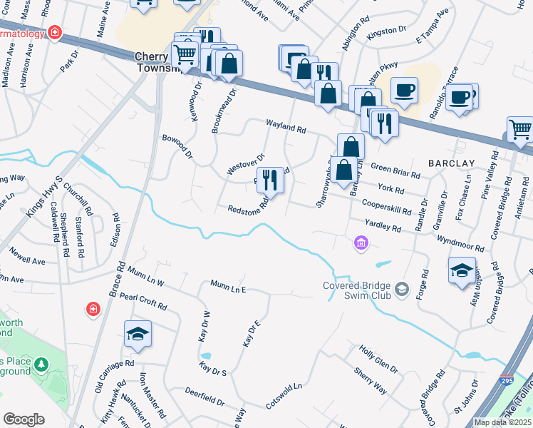 map of restaurants, bars, coffee shops, grocery stores, and more near 224 Red Stone Ridge in Cherry Hill