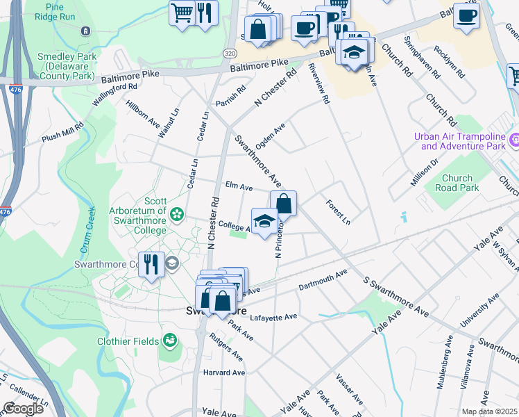 map of restaurants, bars, coffee shops, grocery stores, and more near 308 Chestnut Avenue in Swarthmore