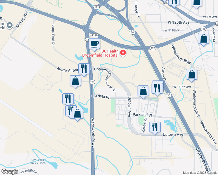 map of restaurants, bars, coffee shops, grocery stores, and more near 8029 West 116th Avenue in Broomfield