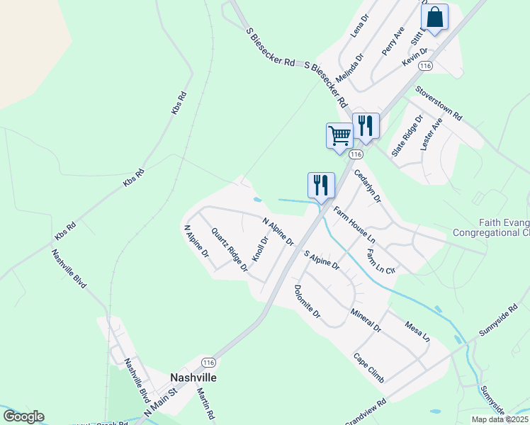 map of restaurants, bars, coffee shops, grocery stores, and more near 77 North Alpine Drive in York