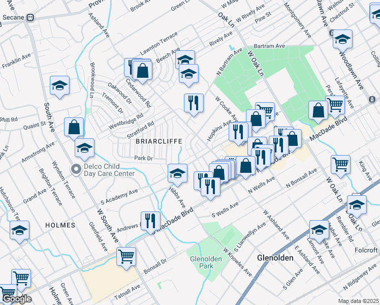 map of restaurants, bars, coffee shops, grocery stores, and more near 726 South Garfield Avenue in Glenolden