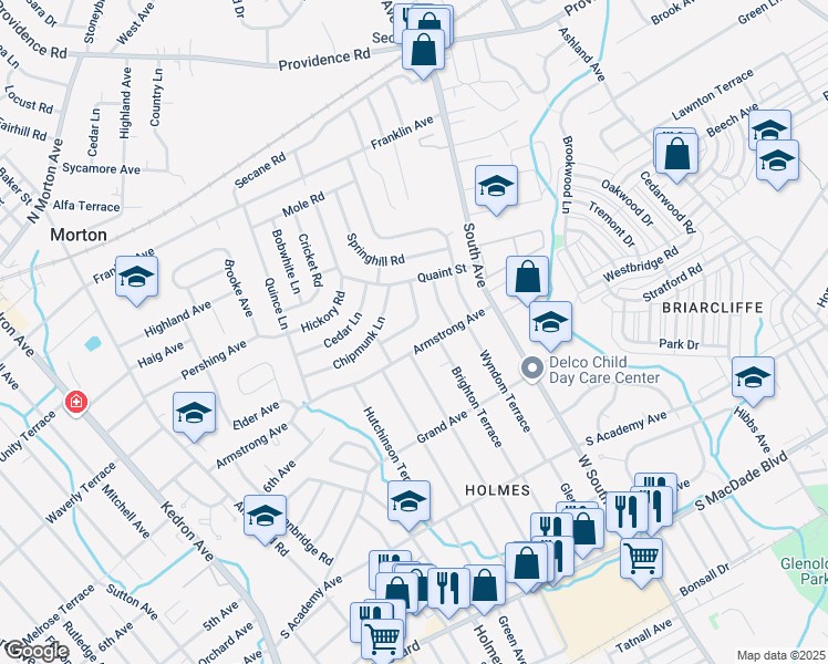 map of restaurants, bars, coffee shops, grocery stores, and more near 2620 Wood Road in Delaware County