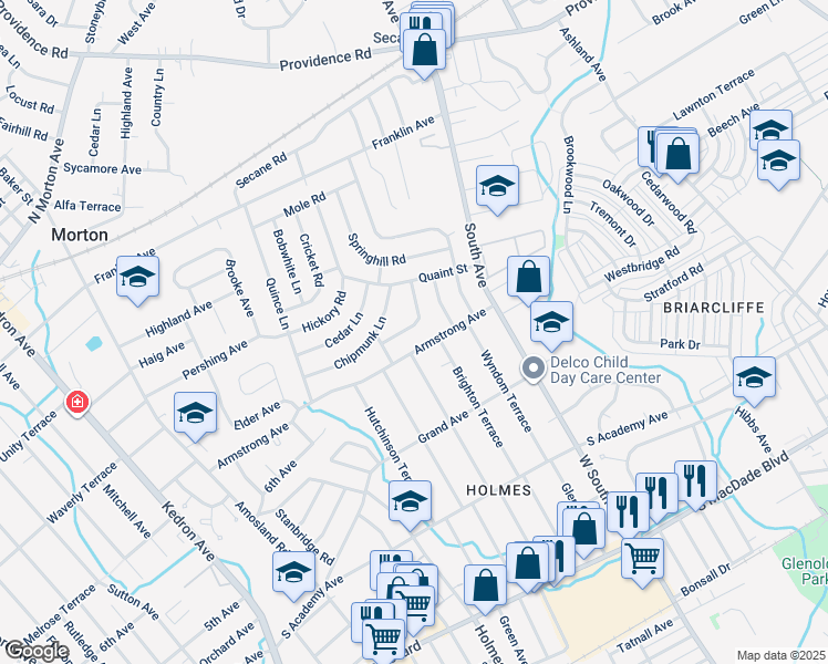 map of restaurants, bars, coffee shops, grocery stores, and more near 2620 Wood Road in Delaware County