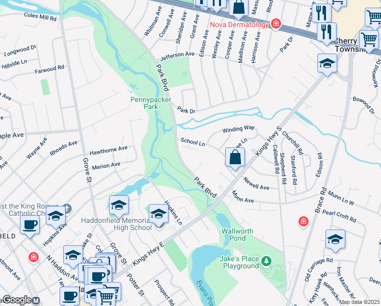 map of restaurants, bars, coffee shops, grocery stores, and more near 35 School Lane in Cherry Hill