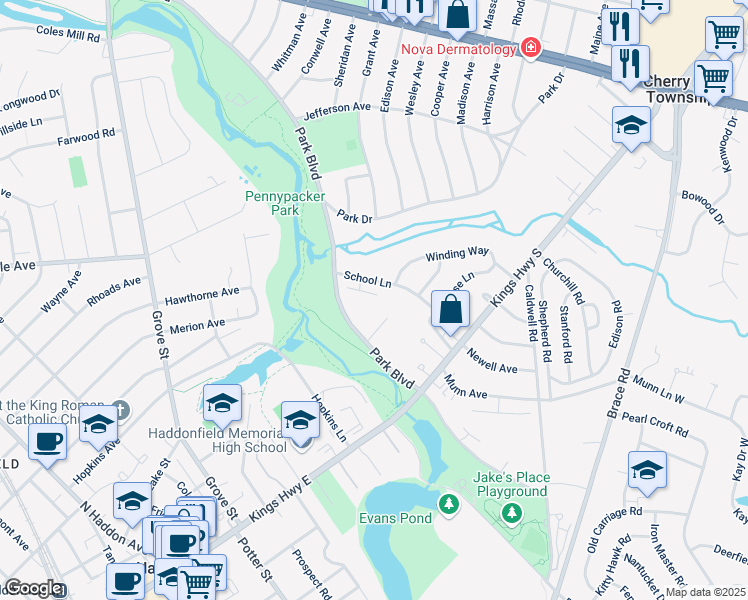 map of restaurants, bars, coffee shops, grocery stores, and more near 117 Cherry Parke in Cherry Hill