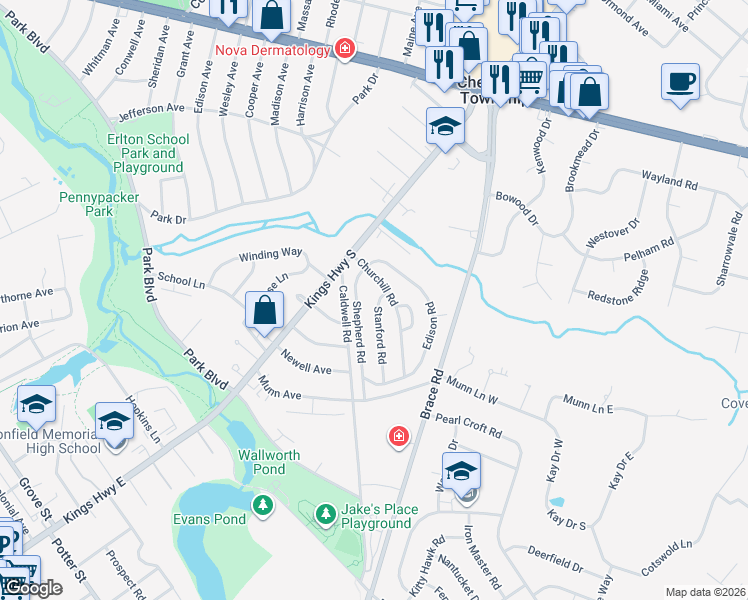map of restaurants, bars, coffee shops, grocery stores, and more near 31 Churchill Road in Cherry Hill