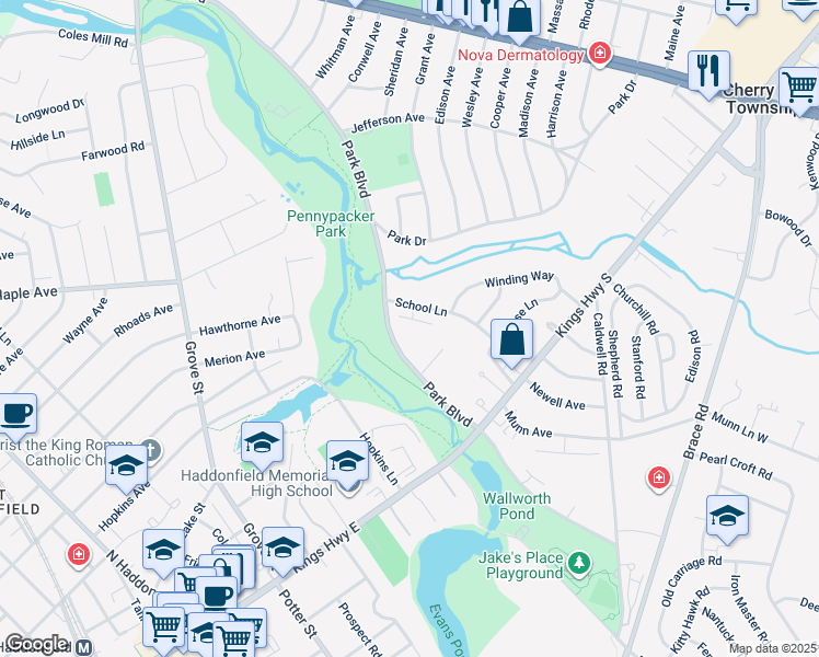 map of restaurants, bars, coffee shops, grocery stores, and more near 35 School Lane in Cherry Hill