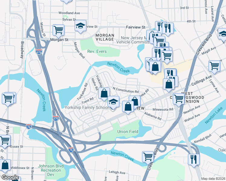 map of restaurants, bars, coffee shops, grocery stores, and more near 2844 North Constitution Road in Camden