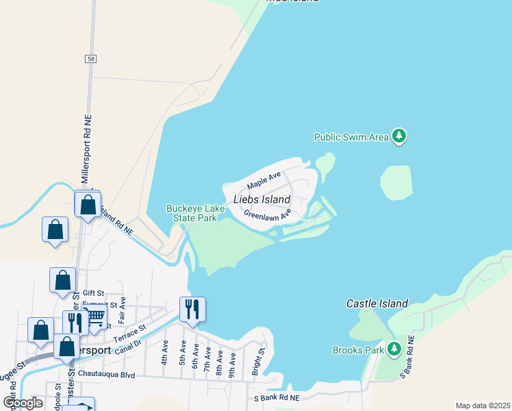map of restaurants, bars, coffee shops, grocery stores, and more near 12627 Park Place in Millersport