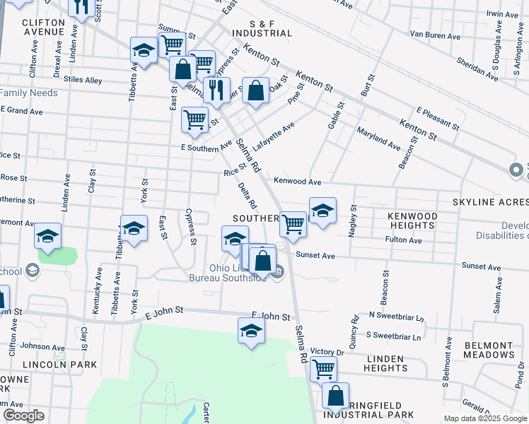 map of restaurants, bars, coffee shops, grocery stores, and more near 1401 Selma Road in Springfield