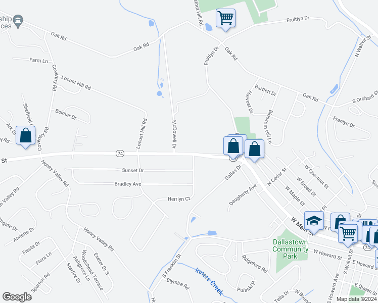 map of restaurants, bars, coffee shops, grocery stores, and more near 2985 South Queen Street in Dallastown