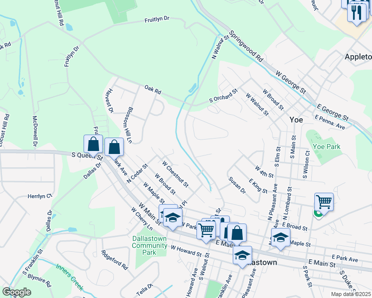 map of restaurants, bars, coffee shops, grocery stores, and more near 380 North Walnut Street in Dallastown