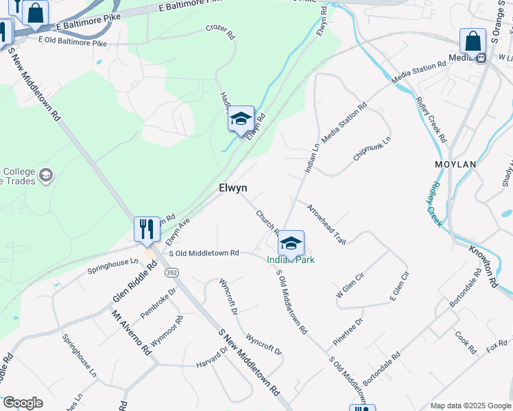 map of restaurants, bars, coffee shops, grocery stores, and more near in Glen Riddle