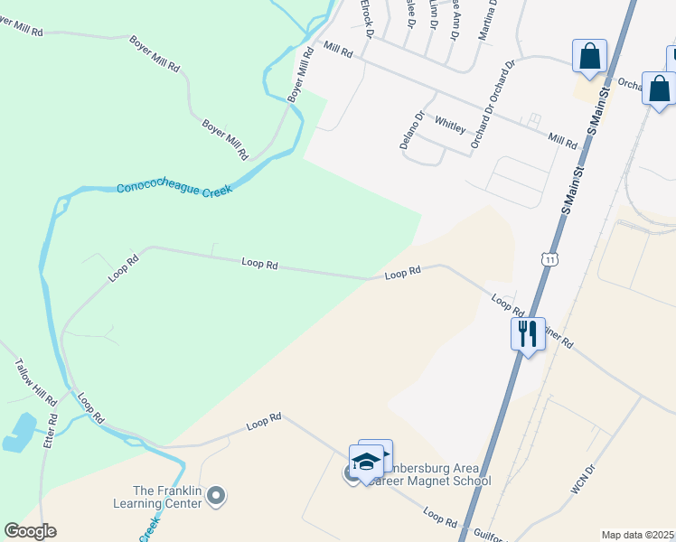 map of restaurants, bars, coffee shops, grocery stores, and more near 2063 Loop Road in Chambersburg
