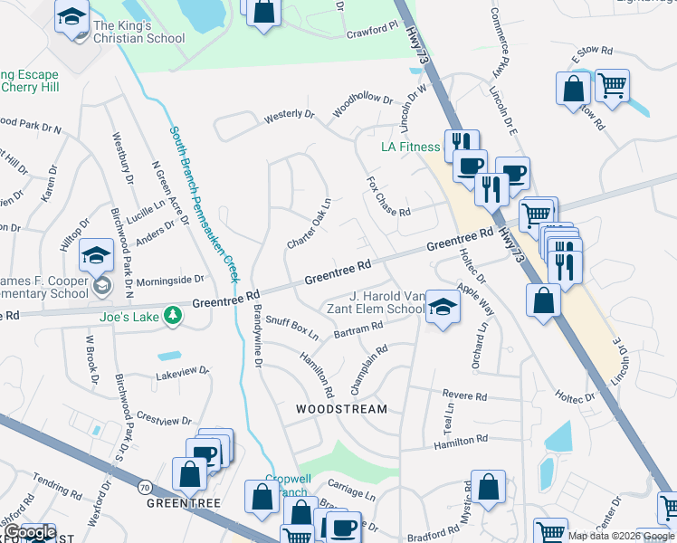 map of restaurants, bars, coffee shops, grocery stores, and more near 73 Greentree Rd in Marlton