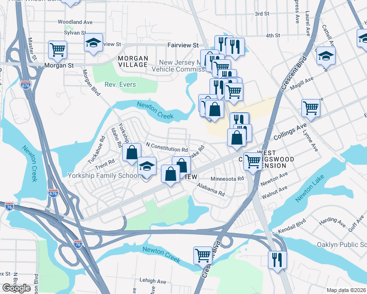 map of restaurants, bars, coffee shops, grocery stores, and more near 2945 North Congress Road in Camden