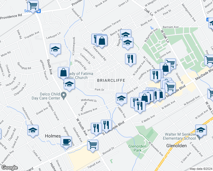 map of restaurants, bars, coffee shops, grocery stores, and more near 714 Surrey Lane in Glenolden