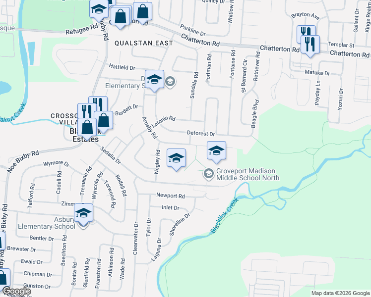 map of restaurants, bars, coffee shops, grocery stores, and more near 3440 Arnsby Road in Columbus