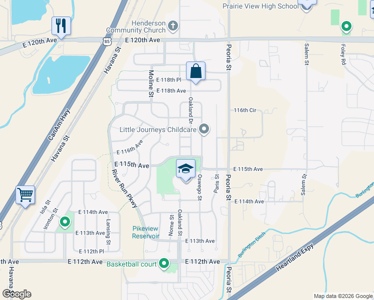 map of restaurants, bars, coffee shops, grocery stores, and more near 11855 East 116th Avenue in Henderson