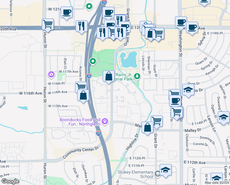 map of restaurants, bars, coffee shops, grocery stores, and more near 11614 Community Center Drive in Northglenn