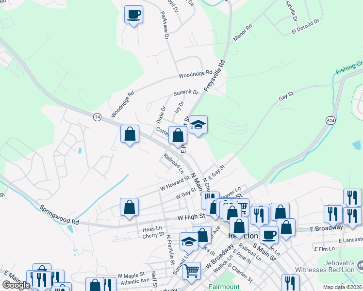 map of restaurants, bars, coffee shops, grocery stores, and more near 304 Cottage Place in Red Lion