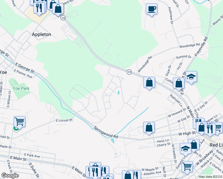 map of restaurants, bars, coffee shops, grocery stores, and more near 218 Equine Cove in Red Lion