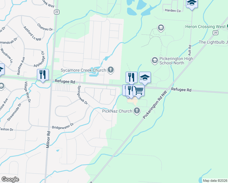 map of restaurants, bars, coffee shops, grocery stores, and more near 8006 Kingfisher Lane in Pickerington