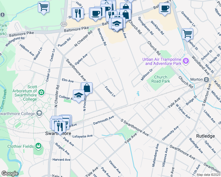 map of restaurants, bars, coffee shops, grocery stores, and more near 40 Forest Lane in Swarthmore