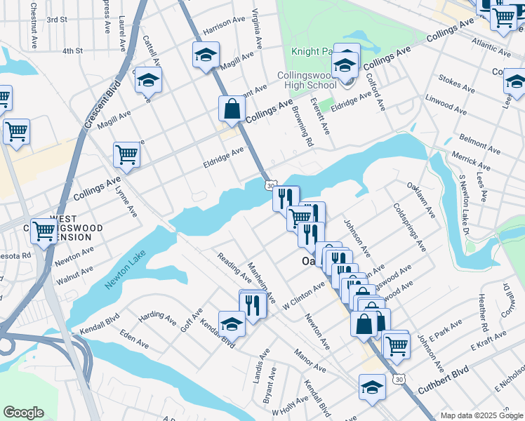 map of restaurants, bars, coffee shops, grocery stores, and more near 4 White Horse Pike in Oaklyn