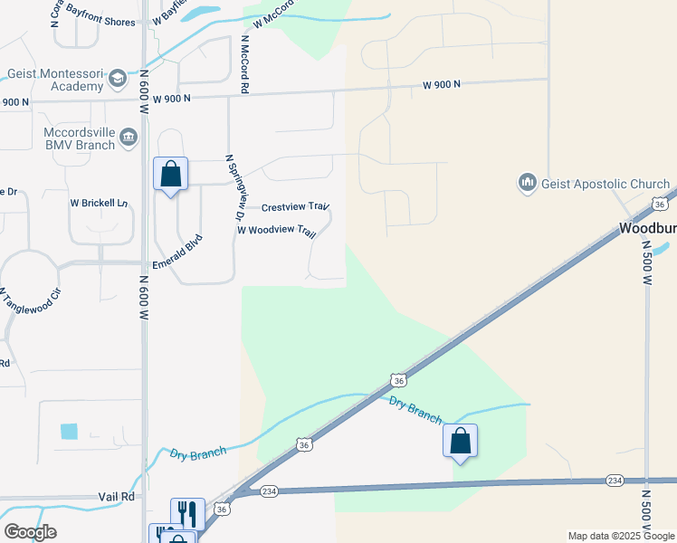 map of restaurants, bars, coffee shops, grocery stores, and more near 5502 West Vistaview Trail in McCordsville