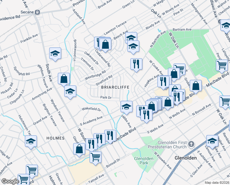 map of restaurants, bars, coffee shops, grocery stores, and more near 717 Surrey Lane in Glenolden