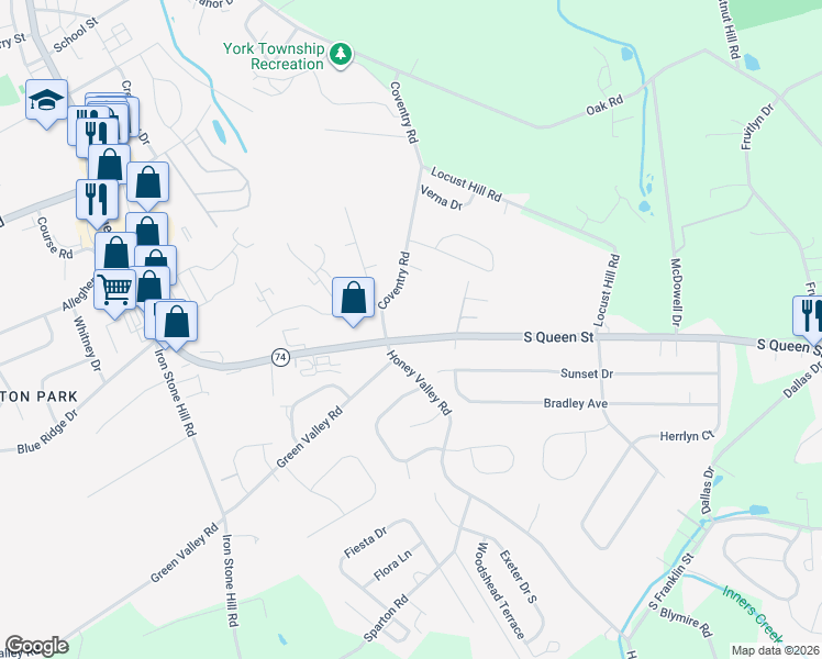 map of restaurants, bars, coffee shops, grocery stores, and more near 107 Coventry Road in Dallastown
