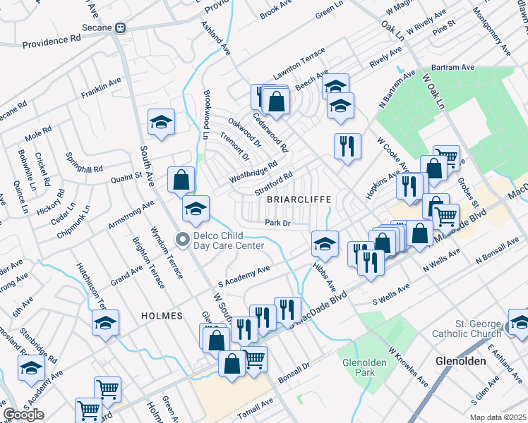 map of restaurants, bars, coffee shops, grocery stores, and more near 715 Hillcrest Drive in Glenolden